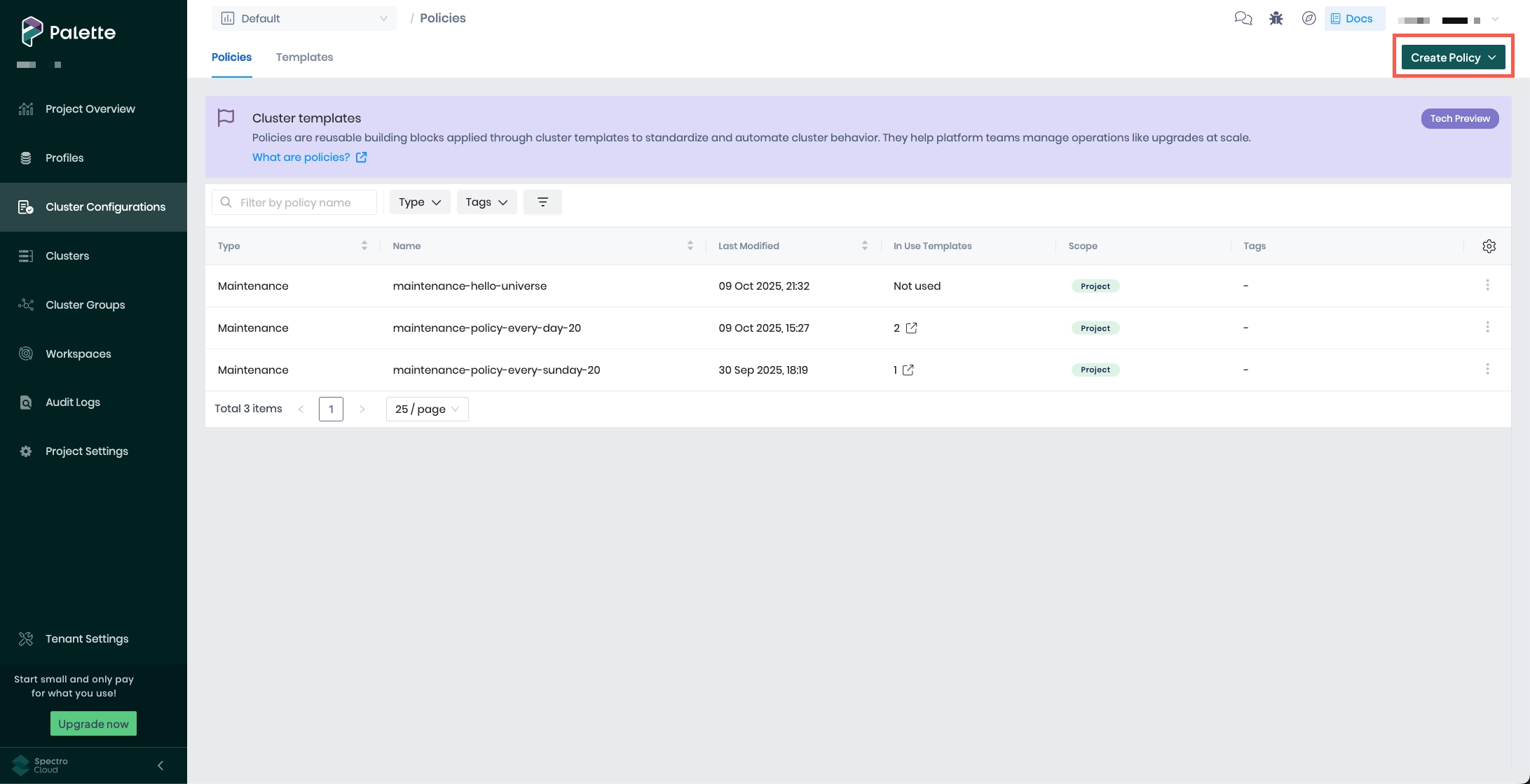 Creating a new cluster template policy