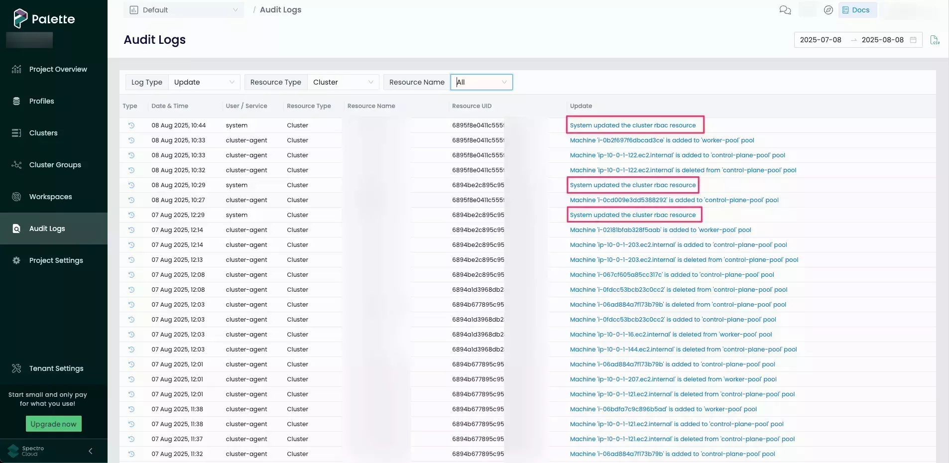 A view of the audit logs showing automatic binding applying to clusters