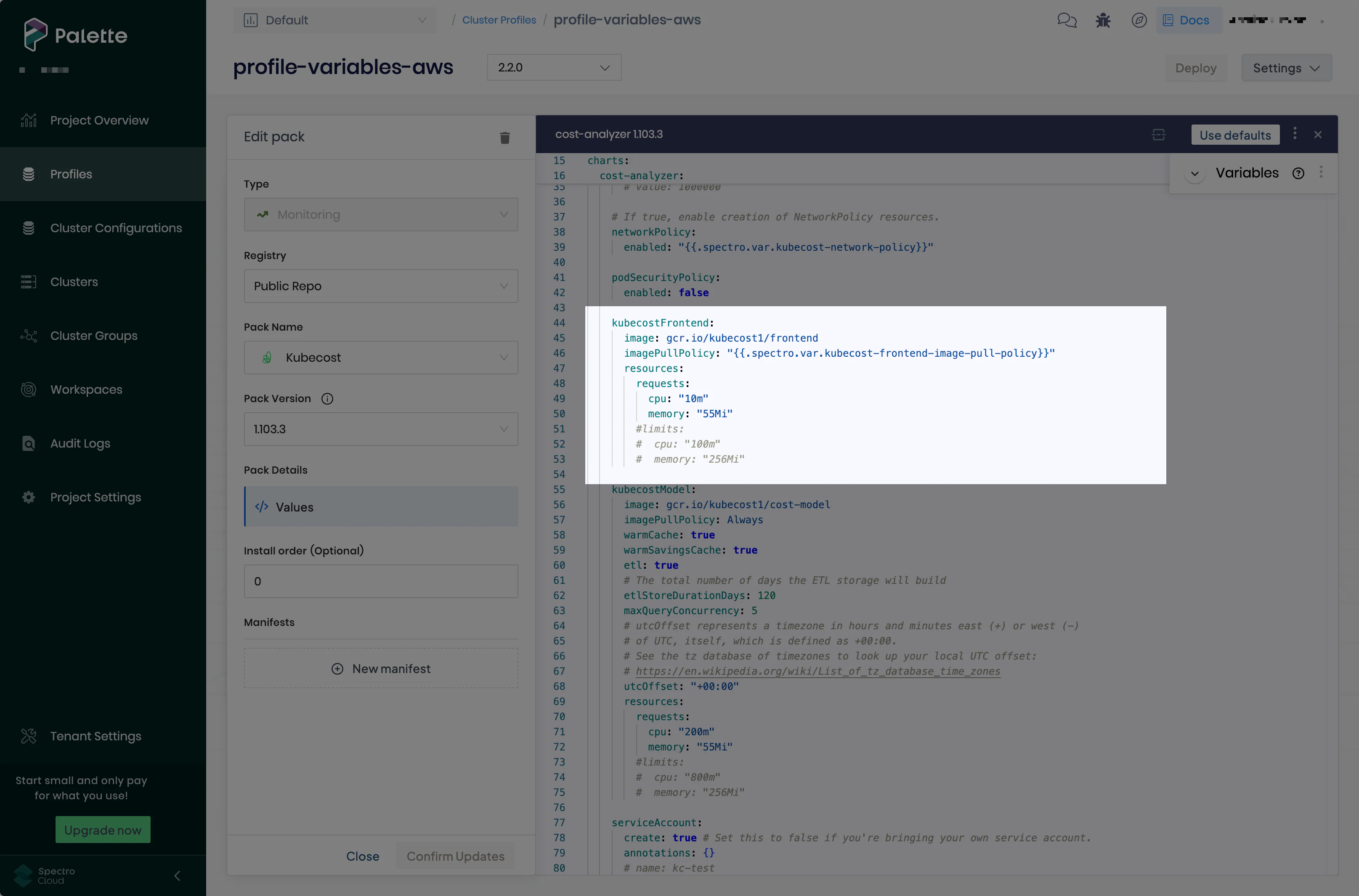 Palette YAML editor with the added profile variables.